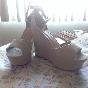Taupe Suede Open Toe Wedges