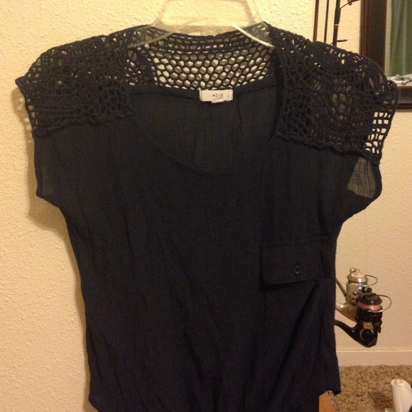 Navy blue linen & crochet top
