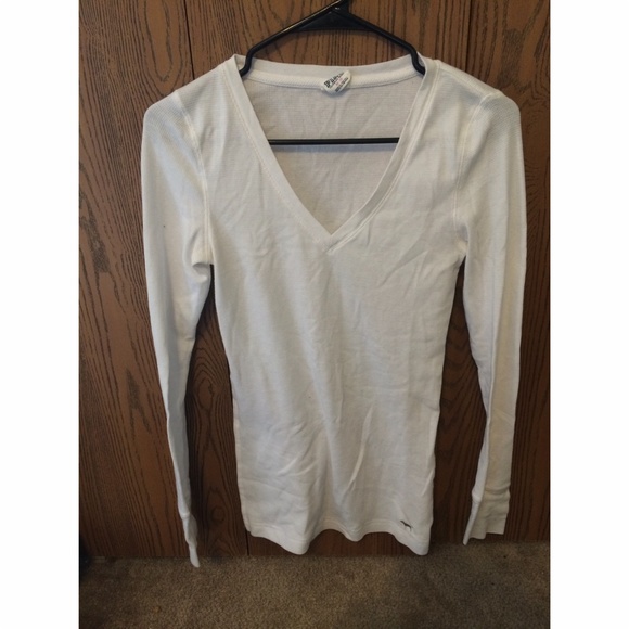 V-Neck White Thermal Long Sleeve Shirt