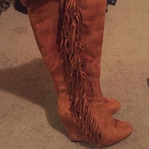 Cognac Suede Fringed Knee Boots