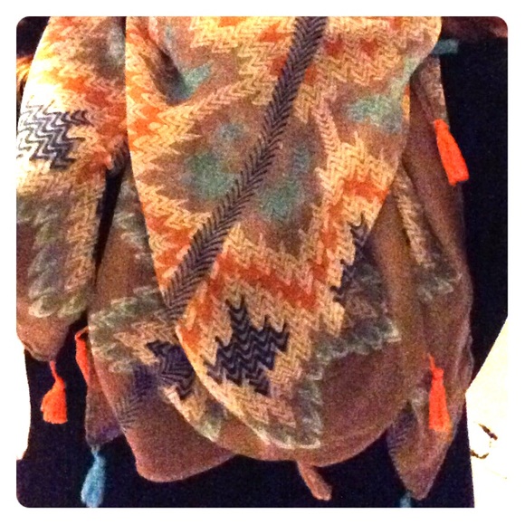 Orange, grey, and teal scarf with tassels - Picture 1 of 3