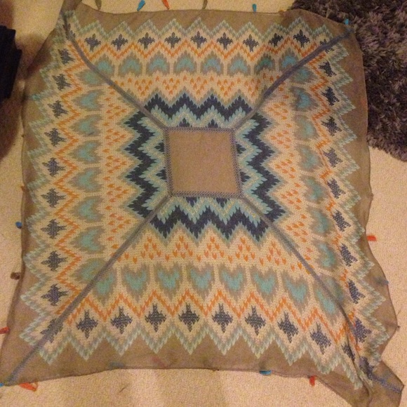 Orange, grey, and teal scarf with tassels - Picture 3 of 3