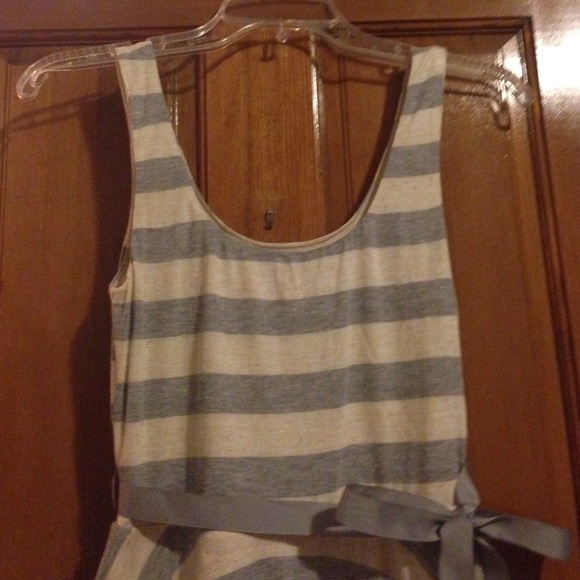 Grey and White Striped Boat Neck Dress with Bow - Picture 2 of 2
