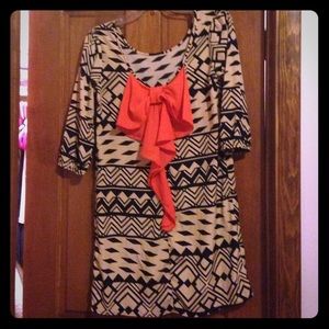 Aztec Print Shift Dress with Coral Bow Size Small