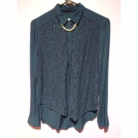 Hollister navy blue lace front button down shirt