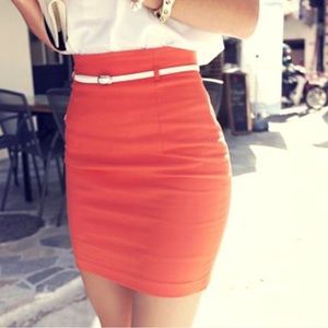 Cute Orange bodycon skirt with skinny belt