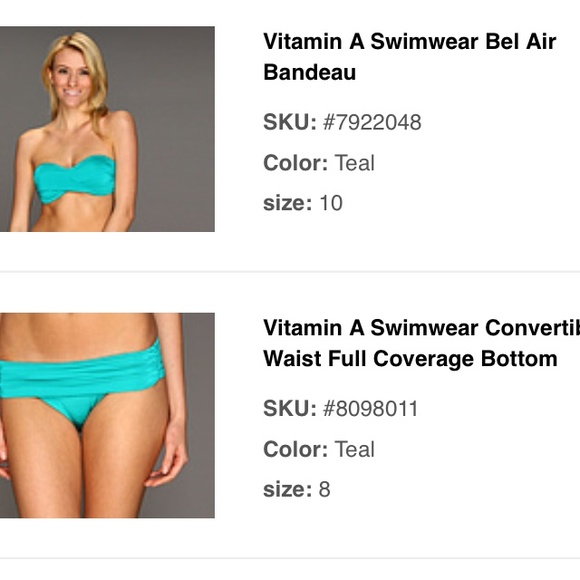 NWT Vitamin A Teal Bikini.  Bandeau Top and Bottom