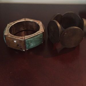 2 bracelets. Wood chunk slip on& jade/brown slip on