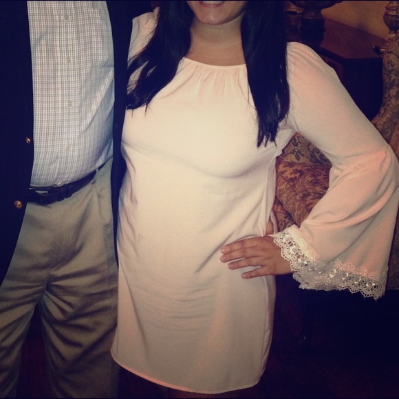 Peach cream colored dress with crocheted details