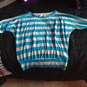Blue and Gray 1/3 Sleeve Striped top