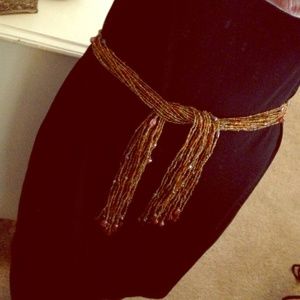 Gold brown orange beaded boho sash belt necklace