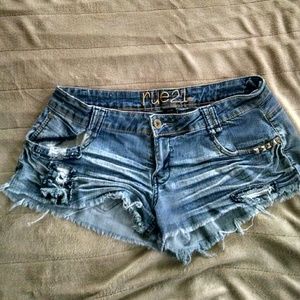 Denim, distressed, shorts.