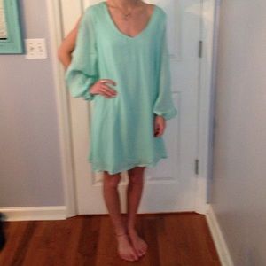 Mint green tunic dress slit sleeves Small