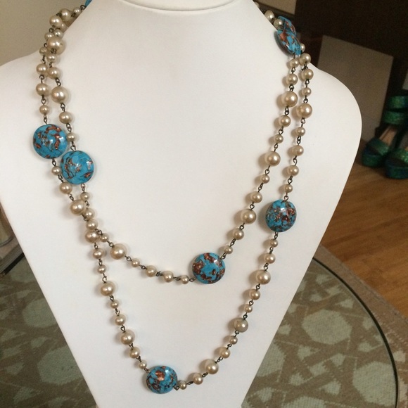 Super Long 1940s Pearl and Italian Glass Strand