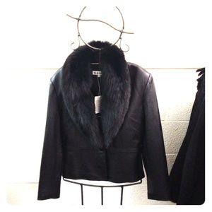 Black Leather Jacket & rabbit fur neckline