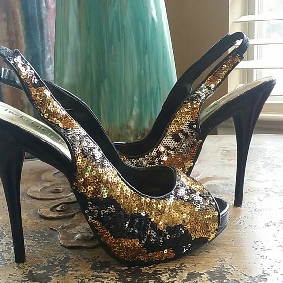 Michael Antonio Gold Silver and Black sequin heels