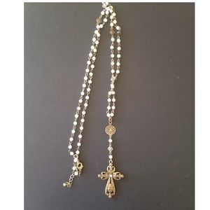 Faux Gold and Pearl Rosary Beaded Necklace