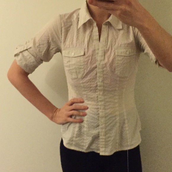 White & tan striped button up