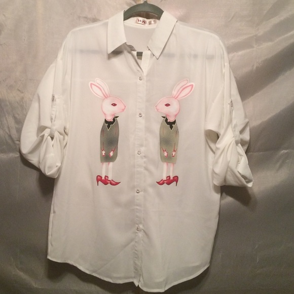 Cartoon rabbit white shirt$cute blue cat sweater