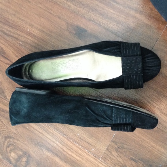 Ferragamo Black Suede Bow Flats