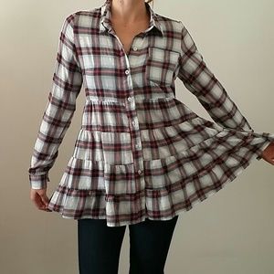Sale! Free People plaid button down flare shirt