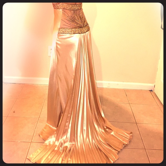 Gold beaded prom formal gown dress pageant sexy