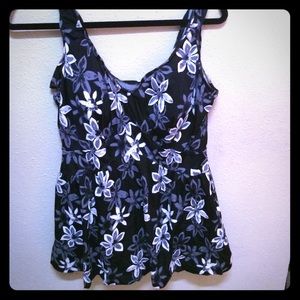 Black/White Floral Print Skirted Swimsuit