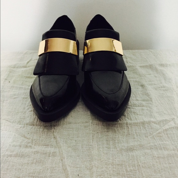 Zara Shoes - PU Black Moccasin with gold metal plate front.