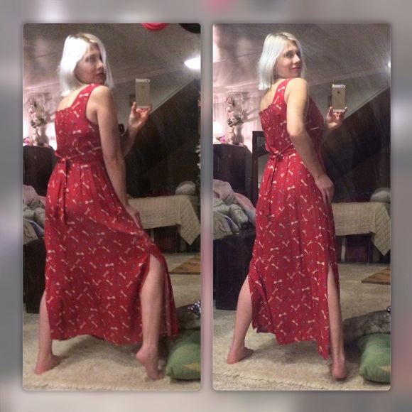 SOLD IN BUNDLE Red Maxi Floral Dress w/Dragonflies - Picture 2 of 4