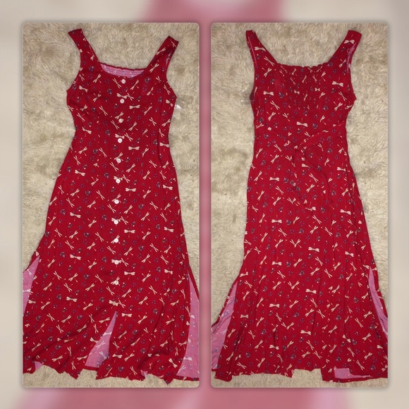 SOLD IN BUNDLE Red Maxi Floral Dress w/Dragonflies - Picture 3 of 4