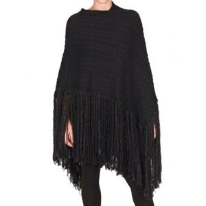 James Long Black Fringed Cable Wool Poncho Sweater