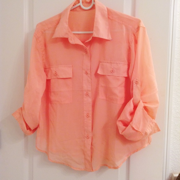 Cute Peach Pink Chiffon Sheer Button Up Blouse