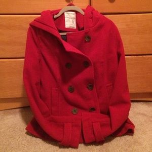 Hooded red pea coat with tortoise shell buttons!