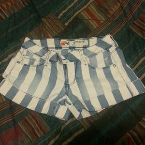 Jean blue and white striped shorts.