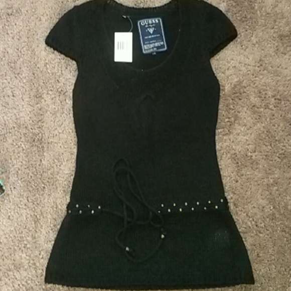 Guess black short sleeve crochet sweater