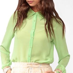 Lime Green Sheer Beaded Collar Shirt