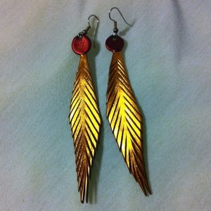 Gold and Red Feather Earrings