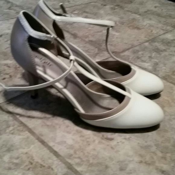 Cream and beige t strap pumps