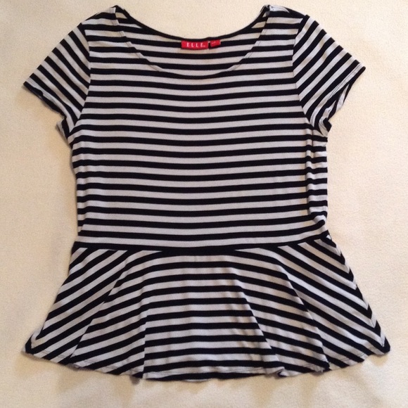 Elle Tops - Black and cream striped peplum top