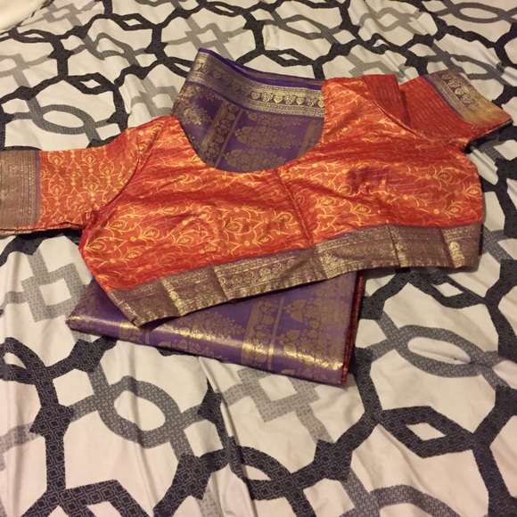 Orange Purple Gold Sari with Med Blouse