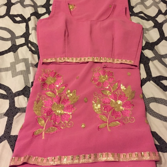 Pink/Gold Sari with Small Blouse