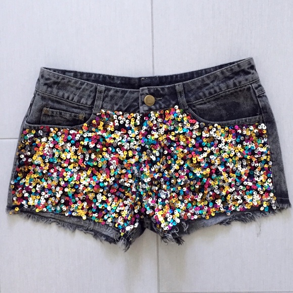Multicolor Sequin Cutoff Frayed Denim Shorts