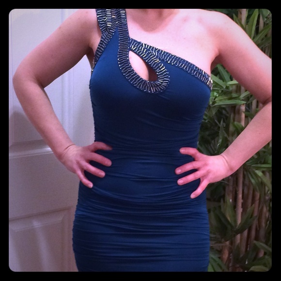 Dark Teal One Shoulder Evening Dress - Picture 1 of 2