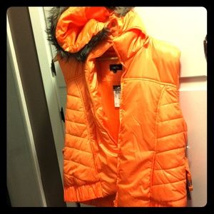 Orange hooded vest with fur