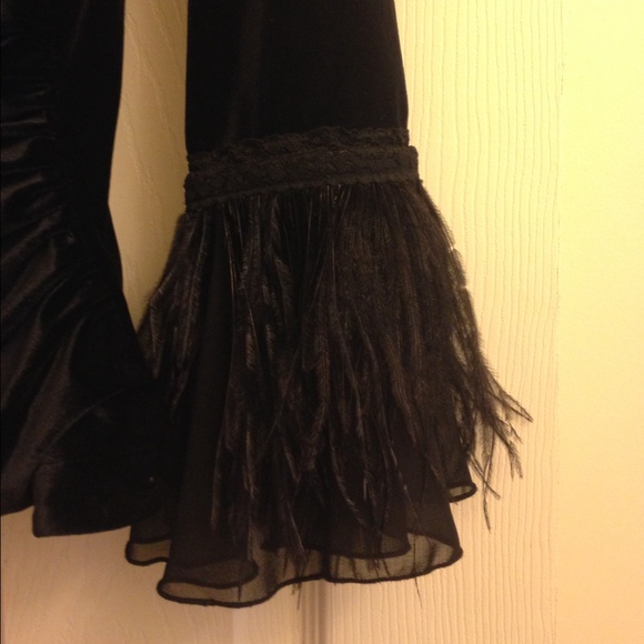Cachet velvet faux wrap top w feather cuffs - Picture 2 of 4