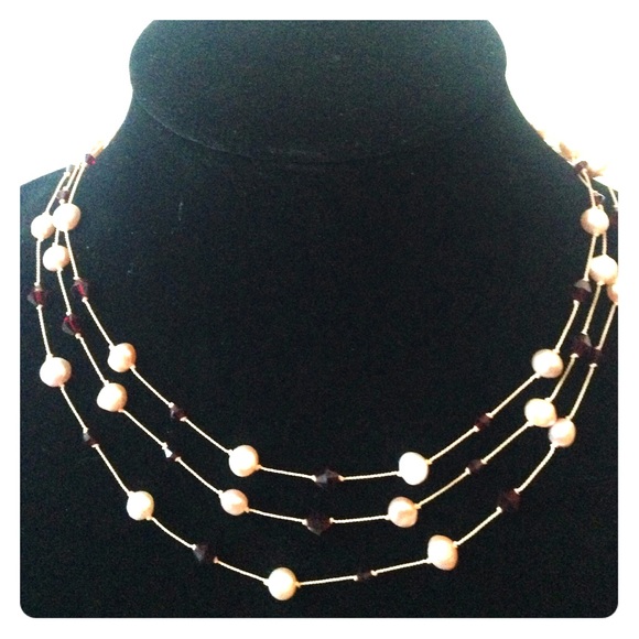 Swarovski crystal and pearl three strand necklace