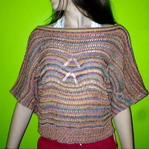 Short sleeve, multi-colored crop sweater - Picture 3 of 3