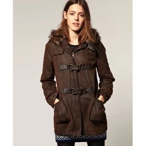 ASOS Ladies Brown Waxed Duffle Fur-hood Coat