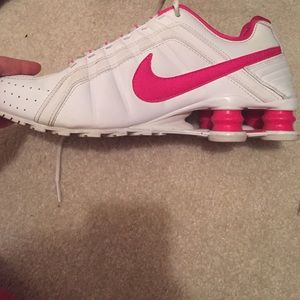 Pink and White Nike shox