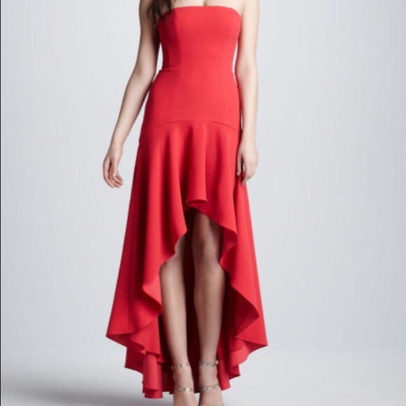 BCBGMAXAZRIA strapless highlow flounced hem gown